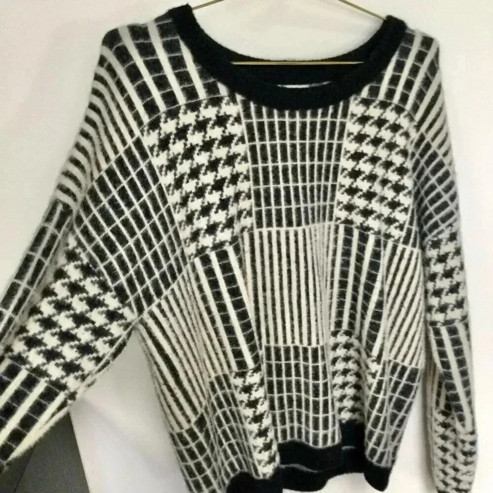 Cyrus Womens Black White Patterned Knitted Long Sleeve Pullover Sweater‎ Large